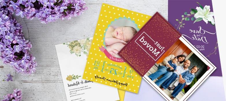 collection of personalized photo invitations and postcards to announce a move, wedding, baby, and other special life event.