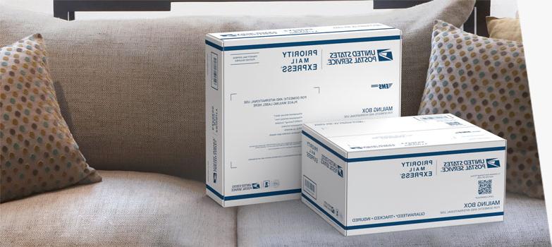 Two Priority Mail Express® boxes sitting on a couch.